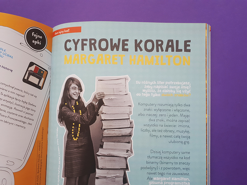Fragment magazynu "Kosmos dla dziewczynek". Strona gazety zawiera tytuł "Cyfrowe korale Margaret Hamilton" oraz zdjęcie opisywanej postaci.