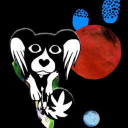 Ilustracja przedstawia małego psa, wparzonego w kadr. W tle - malowane planety.
