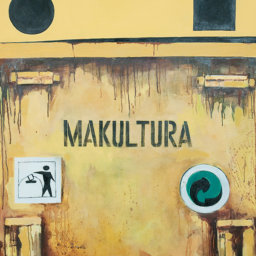 Obraz przedstawia żółty kontener na śmieci z napisem "Makultura"